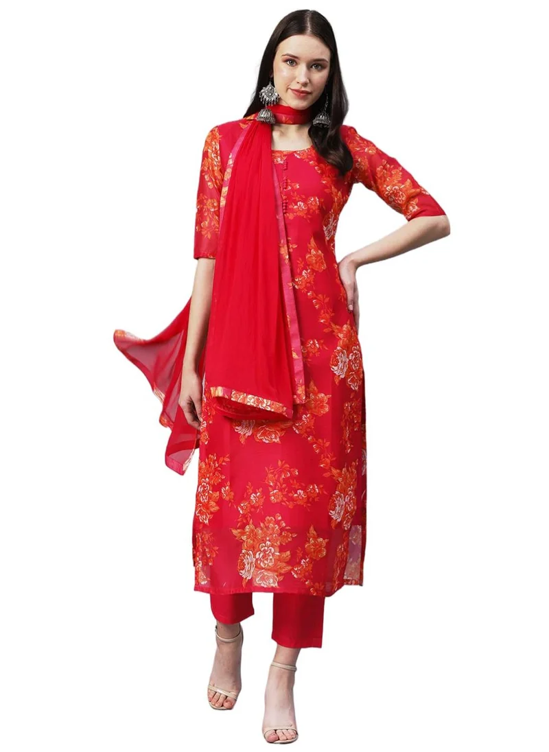 جو سريكي كورتا مستقيمة مطبوعة بقلم شندري للنساء من GoSriKi مع بنطال ودوباتا (AUX-ORANGE-GS_4XL_Pink_XXXX-كبير)